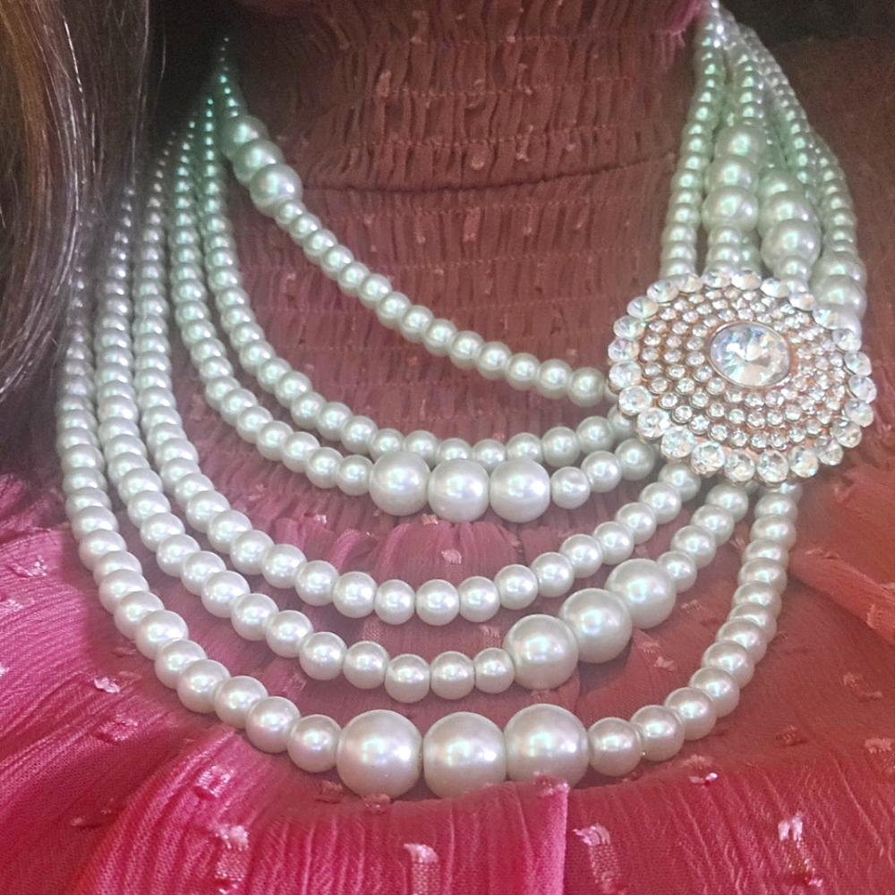 Simulated Pearl Necklace - Statement Rhinestone D… - image 1